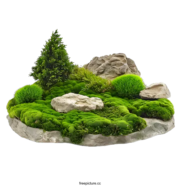 [Transparent Background PNG]Green Mossy Landscape With Rocks and Small Tree