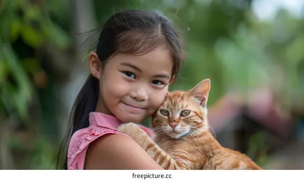 Little girl hugging an orange cat