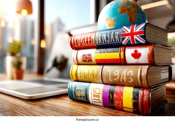 Stacked Books Representing Global Languages