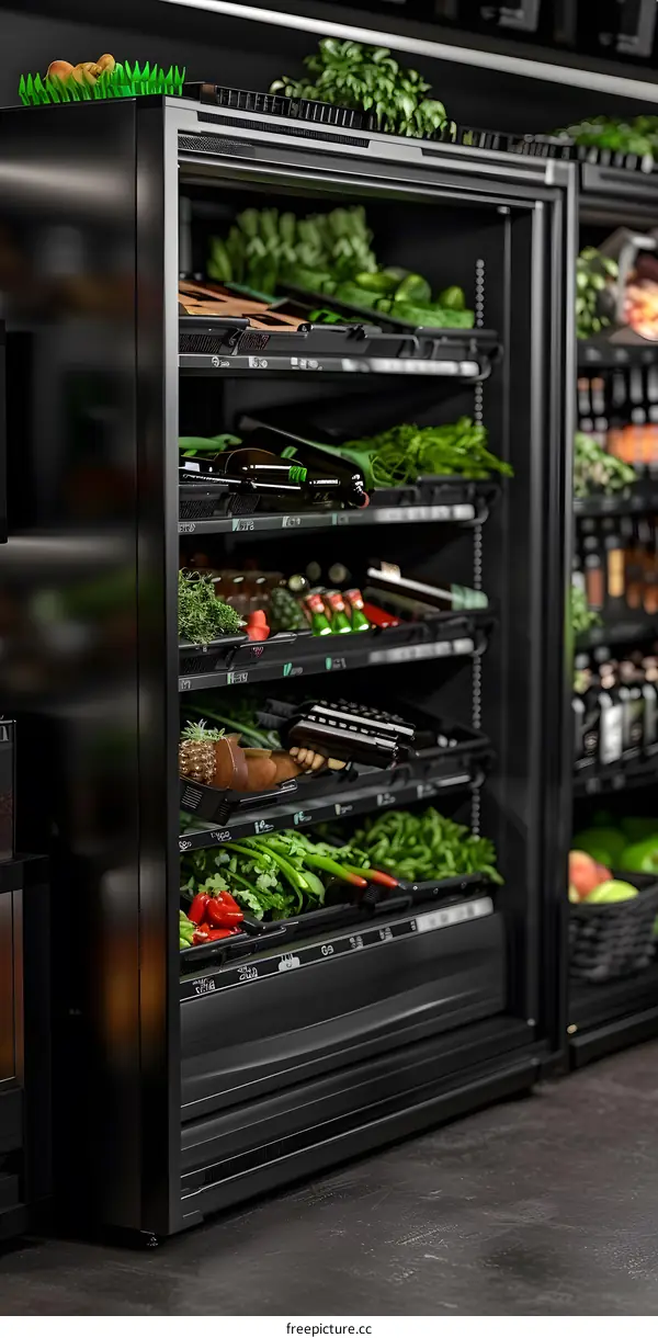 Black Modern Refrigerator Display of Fresh Produce and Beverages
