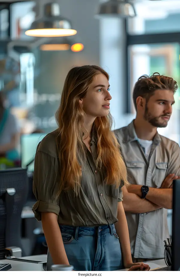 Two young professionals discussing work in an office