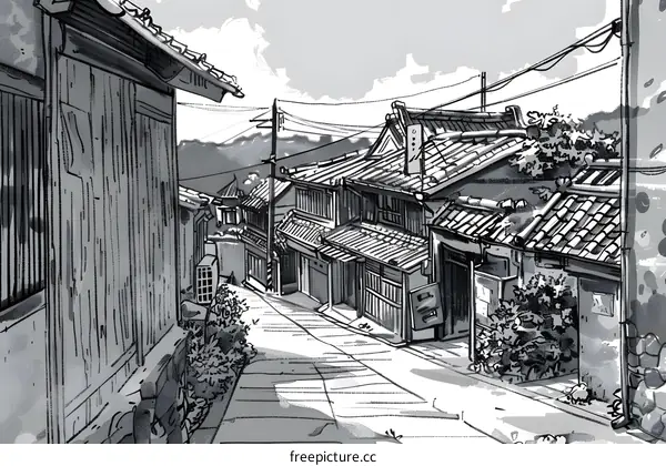 Black and White Illustration of Japanese Street