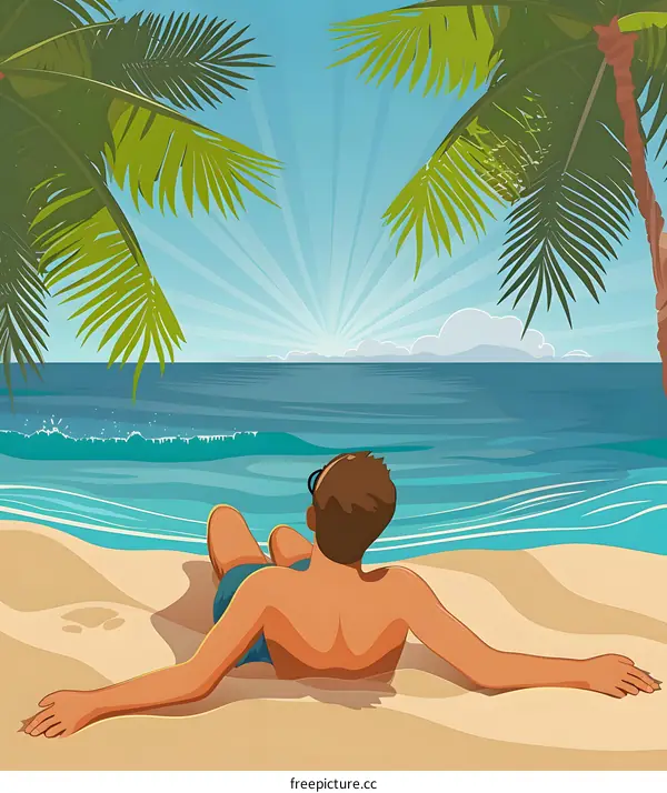 Man Relaxing on Beach Under Palm Trees