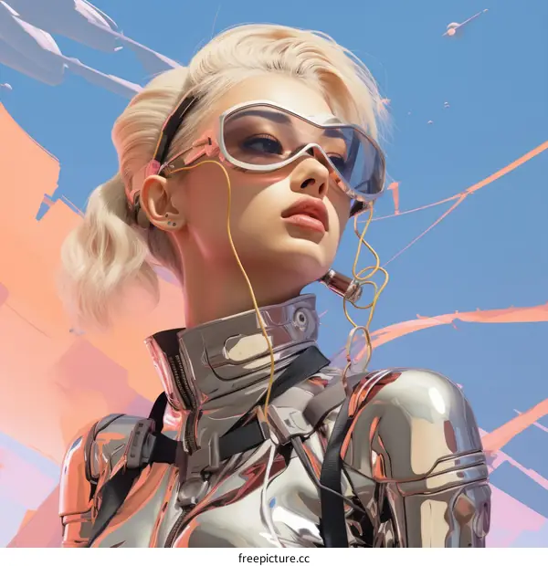 Illustration of a blonde woman wearing futuristic armor and glasses