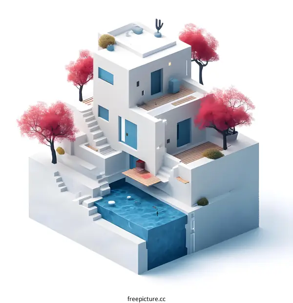 Minimalist White House with Pool and Red Trees Illustration