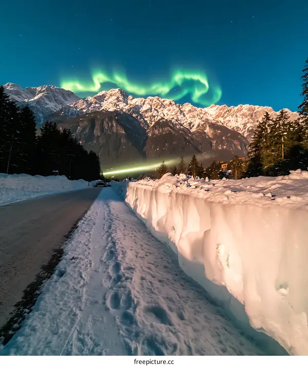 Snowy Road with Aurora Borealis in the Mountains