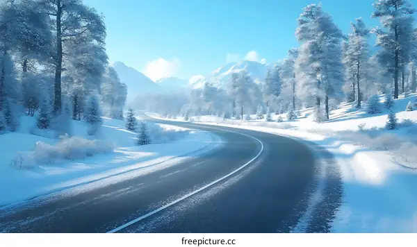 Winter Road Through Snowy Forest Landscape