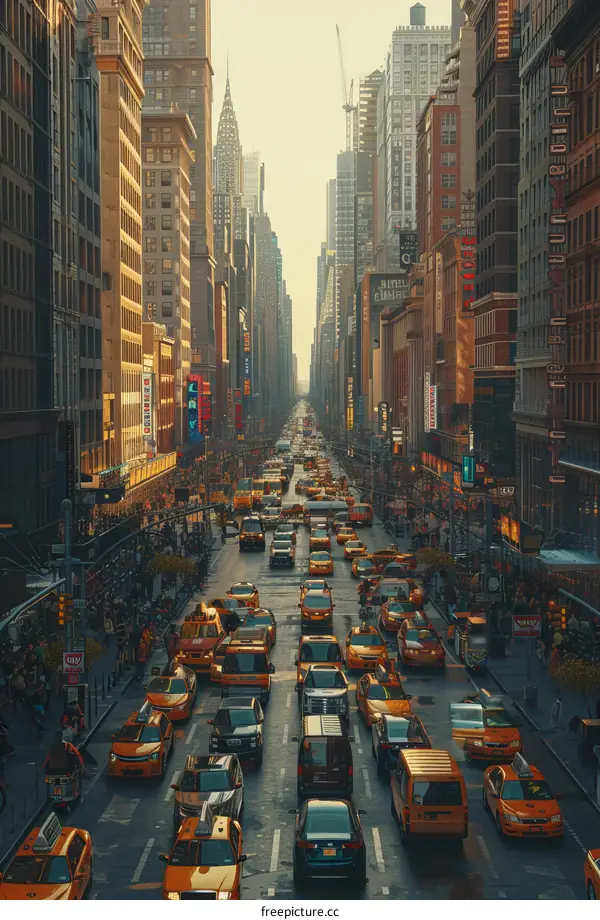 Busy New York City Street with Many Cars and People