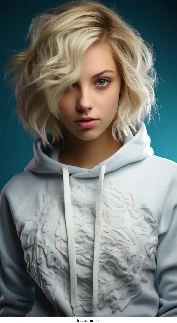 A beautiful blonde woman with blue eyes and a white hoodie with an embroidered pattern