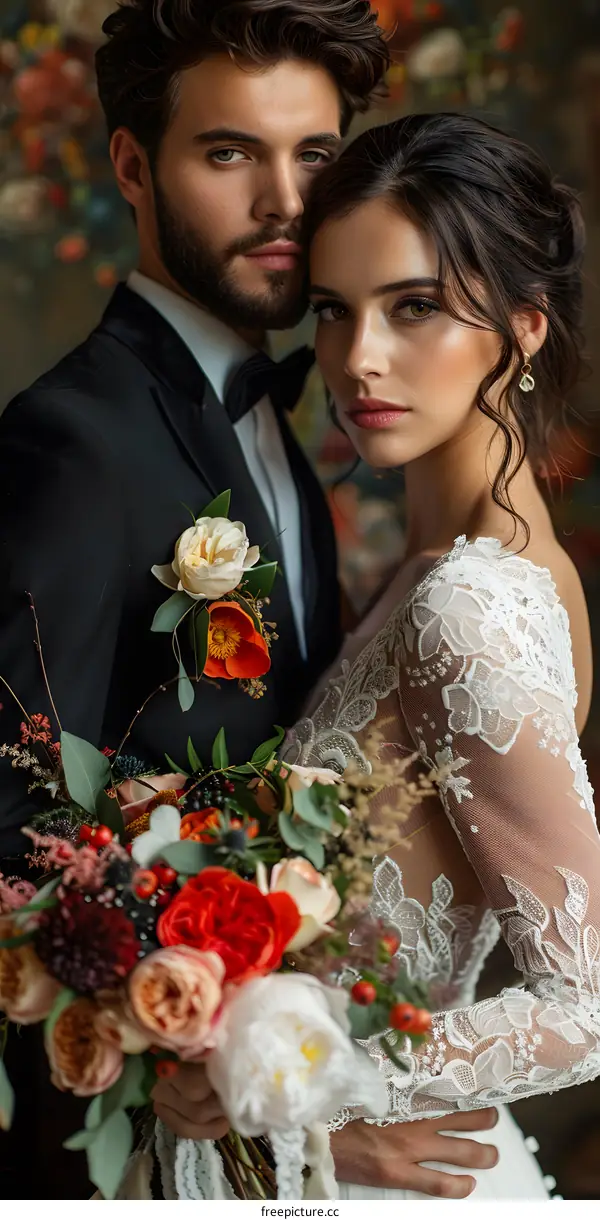 A newlywed couple is posing for a photo on their wedding day. The bride is wearing a white lace dress with a long train, and the groom is wearing a black tuxedo with a white rose boutonniere.