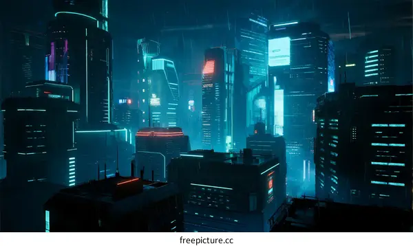 Futuristic Cityscape with Neon Lights and Tall Buildings