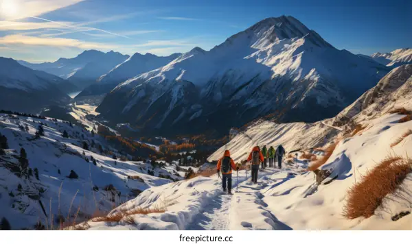 People hiking in the snow on a mountain