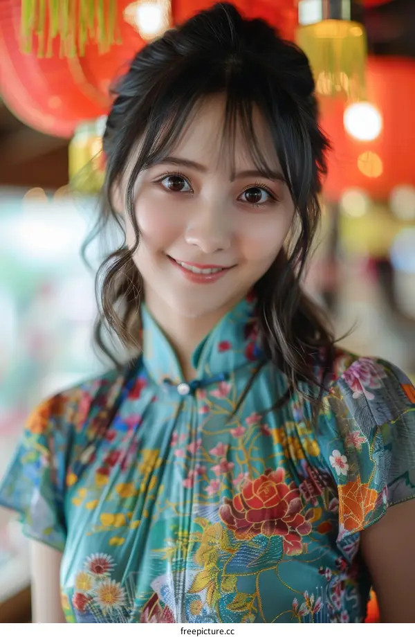 Portrait of a young smiling Chinese woman in a traditional cheongsam dress