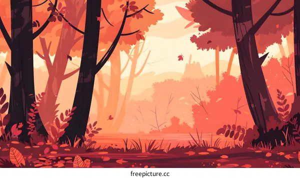 Autumn Forest Illustration With Red and Orange Leaves