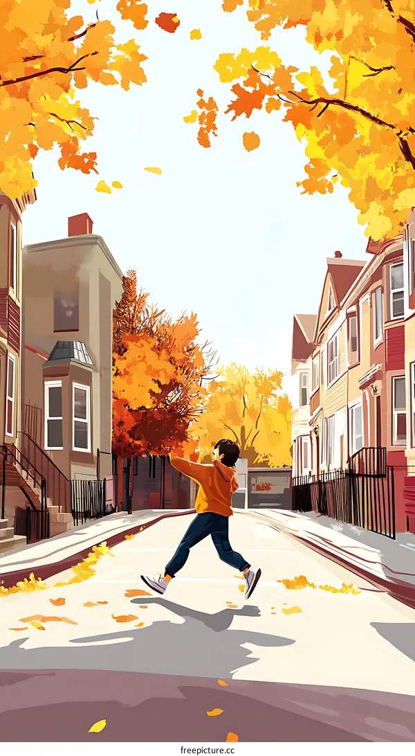A Person Jumping in a Street with Yellow Leaves