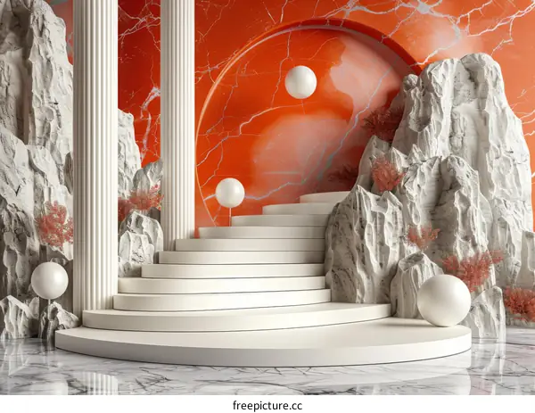 White Round Podium on Marble Floor with Red Wall and Rocks