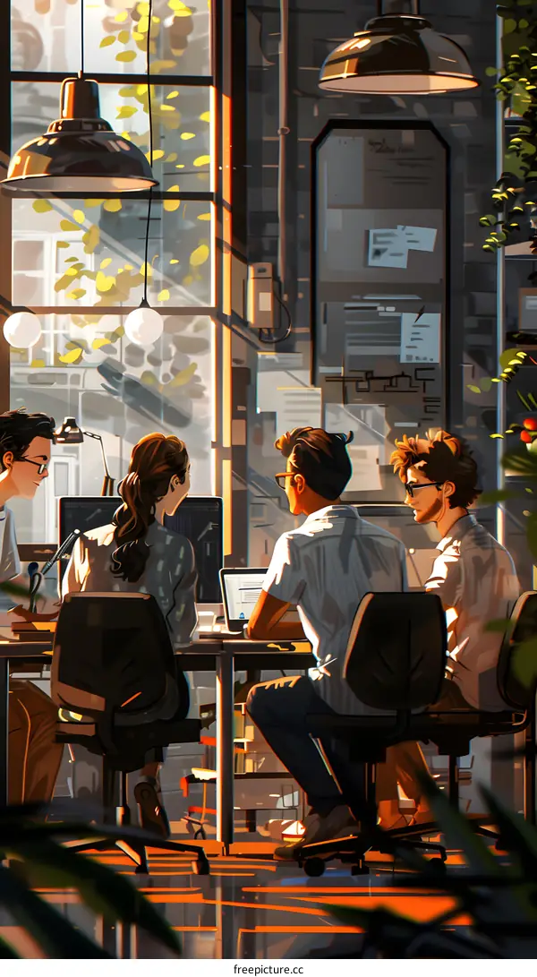 Four people in a creative office space