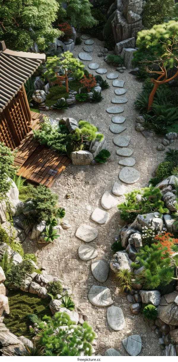 Japanese Rock Garden with Stone Path and Traditional House