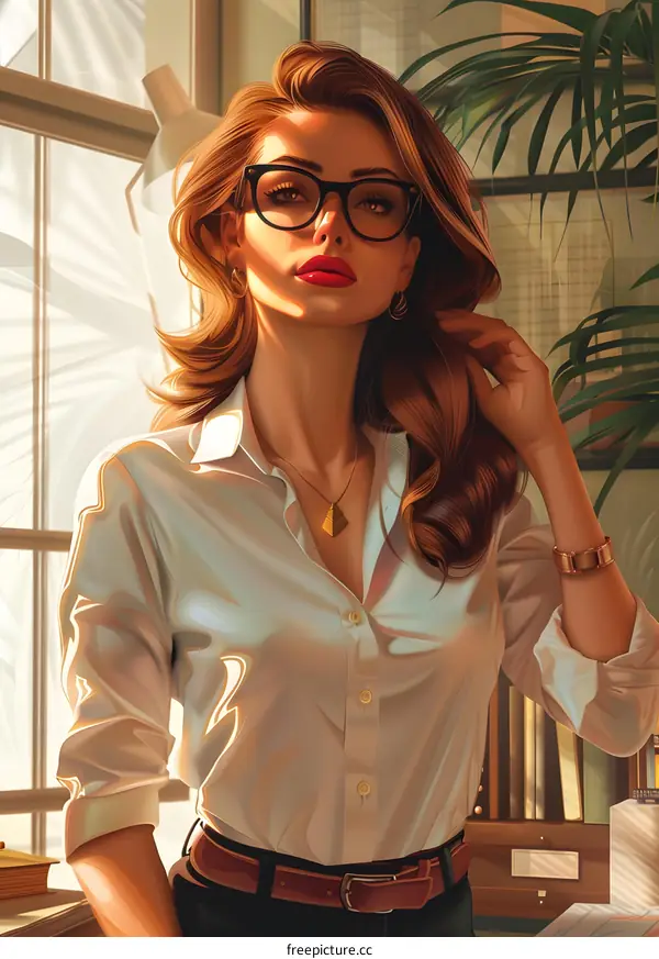 Woman with Glasses and Red Lipstick Sitting in Office