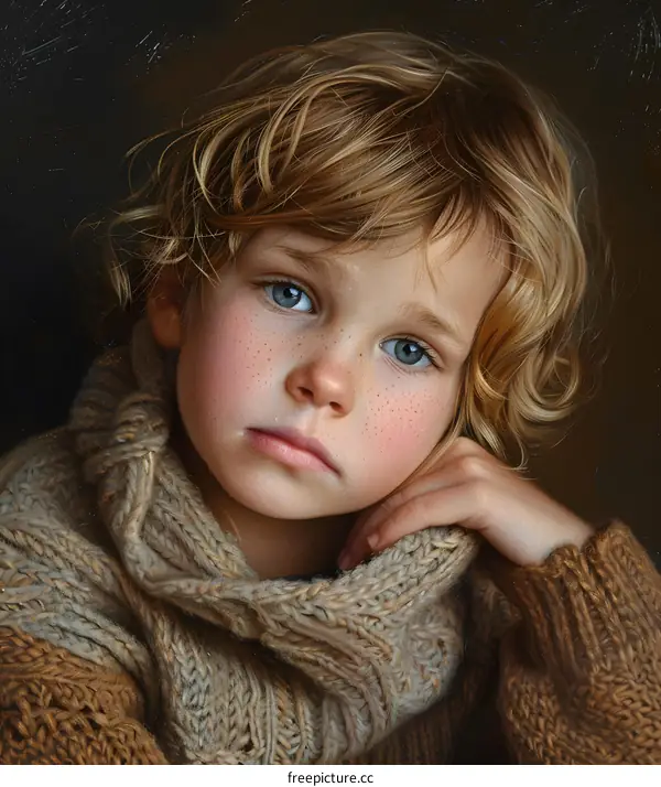 Portrait of a young boy with freckles and blue eyes
