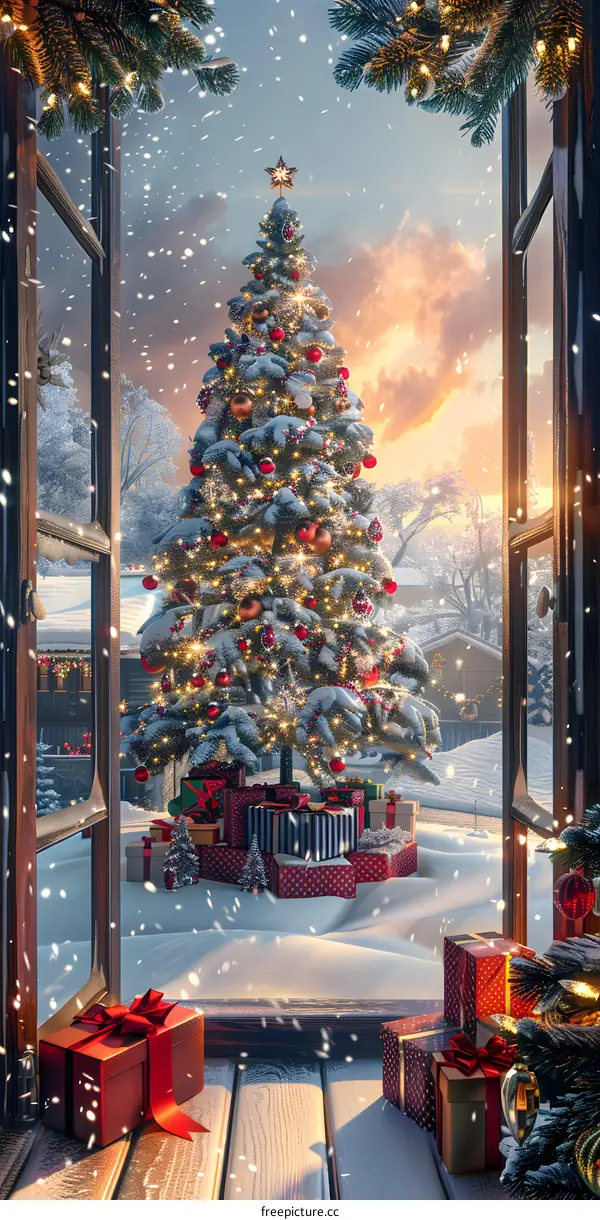 Christmas tree with presents in a snowy landscape seen through a window