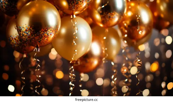 Gold Balloons with Shiny Confetti and Ribbons Against Blurry Bokeh Lights