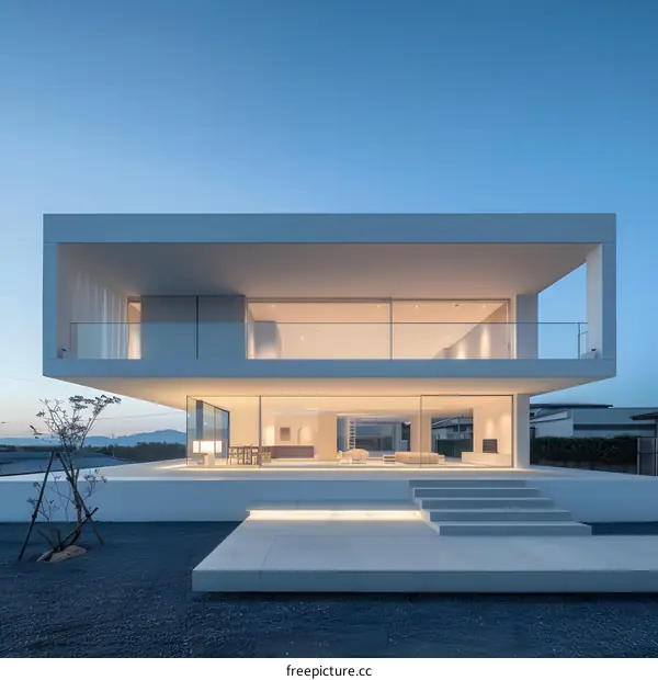 Modern Minimalist House with Large Windows and Stone Patio