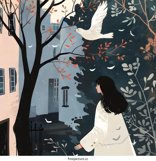 Woman Walking in a Forest with a White Bird Flying Above