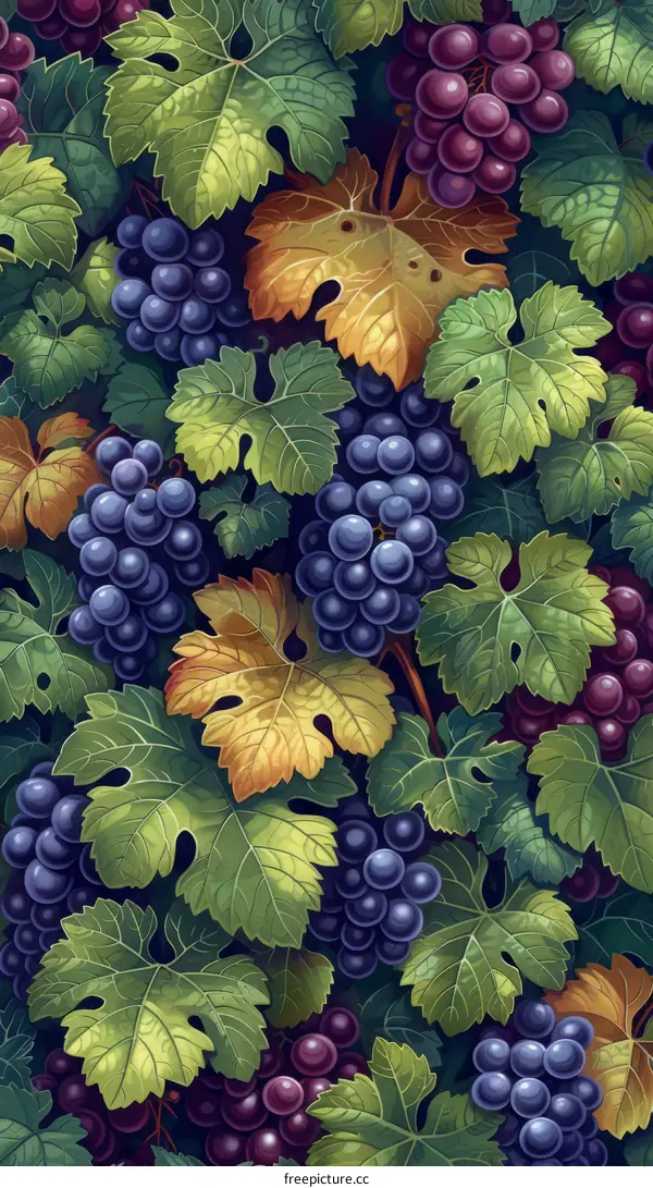 An illustration of a grape vine with ripe purple and blue grapes and green leaves.