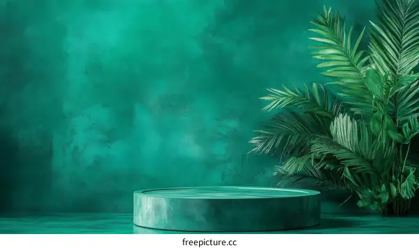 Teal Green Background with Tropical Plants and Display Podium