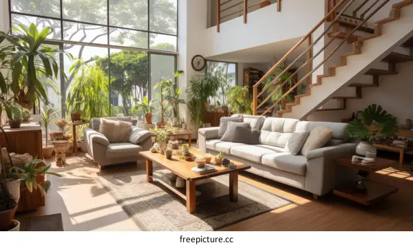 Spacious Living Room with Large Windows and Abundant Greenery