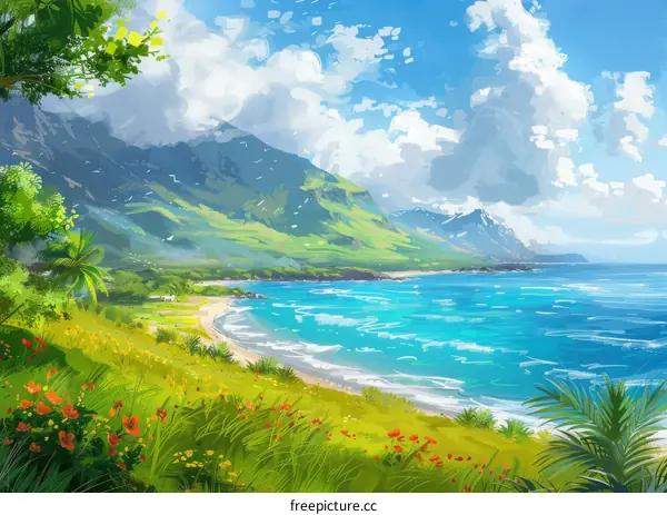 Tropical Beach Paradise with Lush Green Mountains