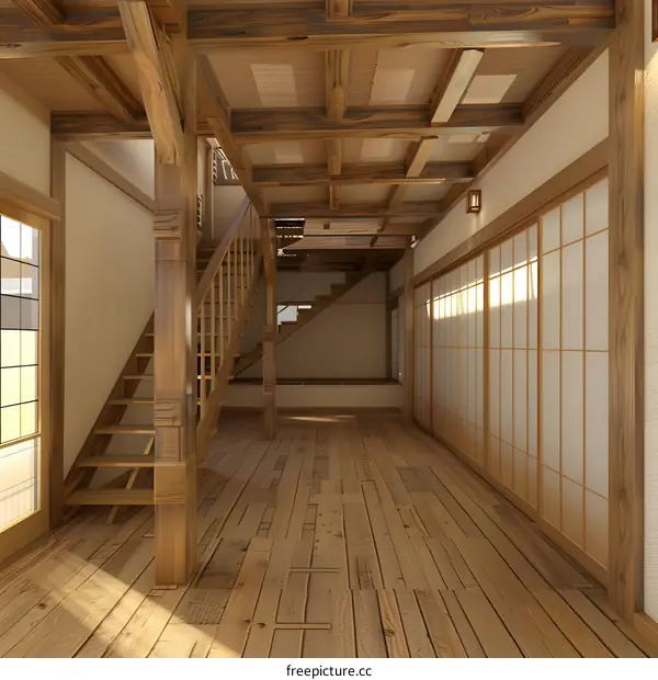 Wooden Stairs and Shoji Doors in a Traditional Japanese House Interior Design