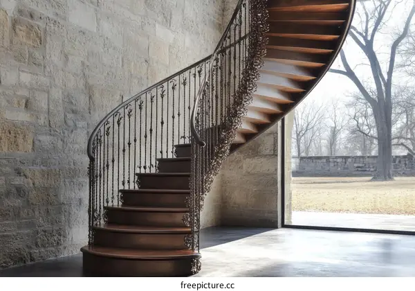 Spiral Staircase with Ornate Iron Railing