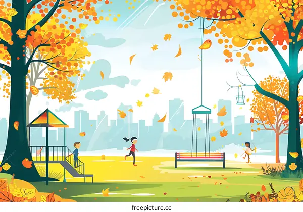 Autumn Park with Kids Playing and Falling Leaves
