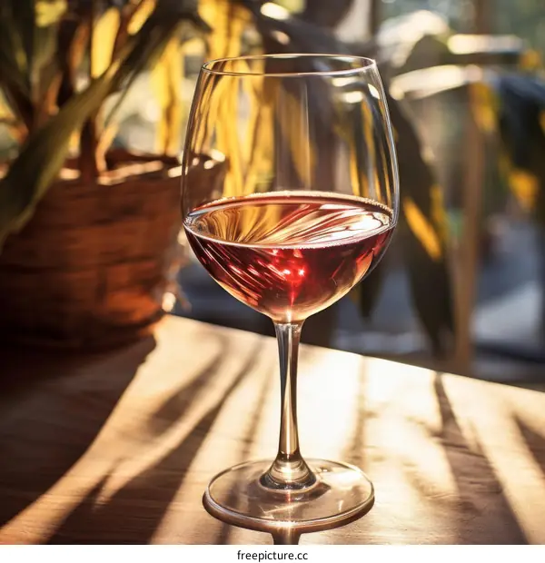 Sunlit Glass of Red Wine on Wooden Table