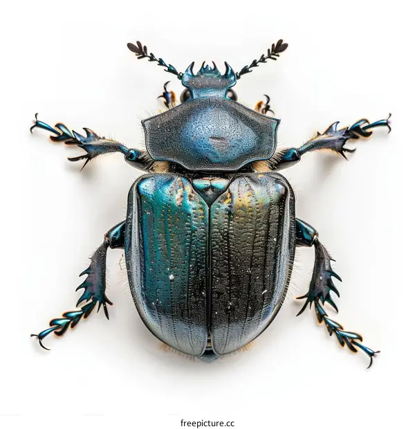 A blue and green beetle with a horn on its head