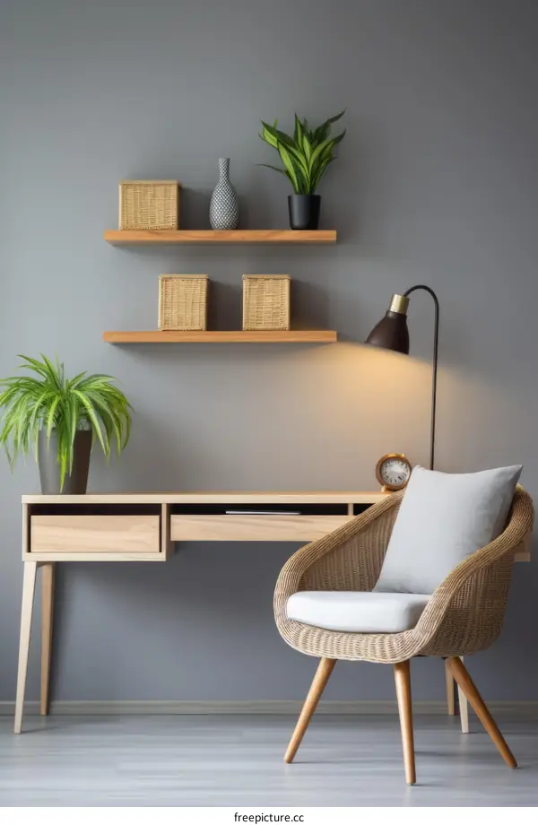 Minimalist Home Office with Wooden Desk and Greenery