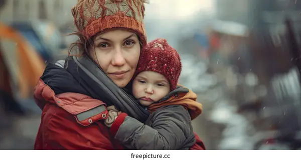 A mother and her child in a refugee camp