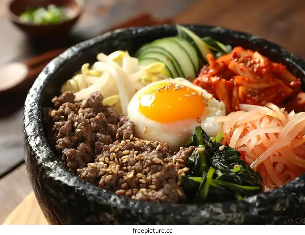Korean Bibimbap with Beef, Egg, Vegetables and Kimchi