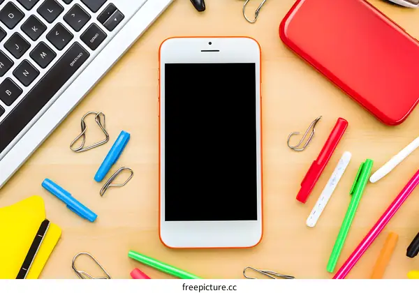 Top View of a Smartphone on a Wooden Desk with Office Supplies