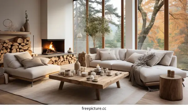 A cozy living room with a fireplace and a large window looking out onto a forest