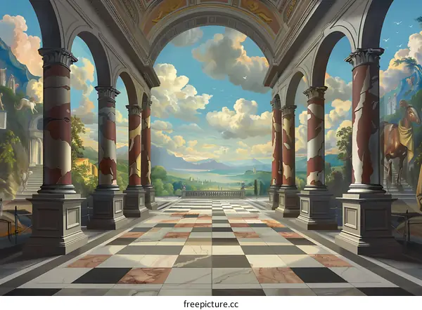 Painted Hallway with Checkered Floor and Landscape Mural