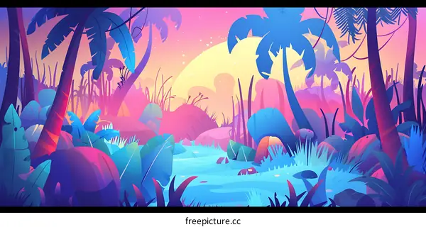 Vibrant Tropical Forest Illustration with Lush Greenery and a Blue Stream