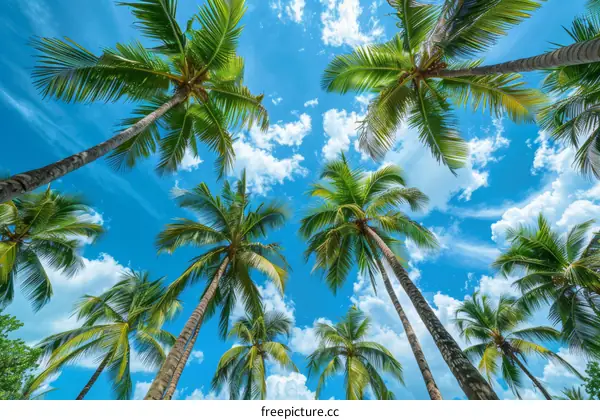 Looking up at the coconut trees