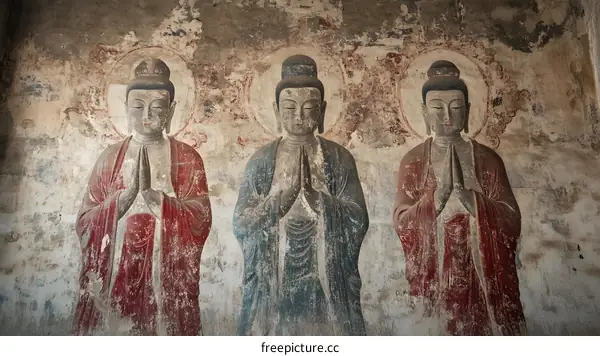 Ancient Chinese Mural Depicting Three Praying Buddhist Figures
