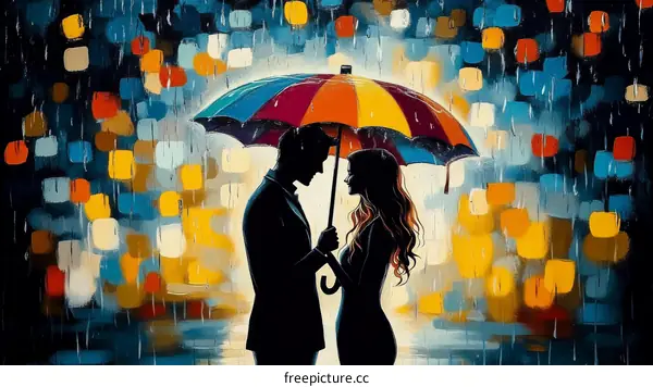 Couple Under Umbrella in the Rain Illustration