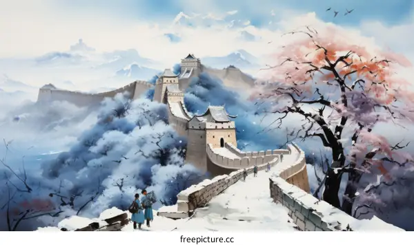 Snowy Great Wall of China with Tourists and Cherry Blossoms