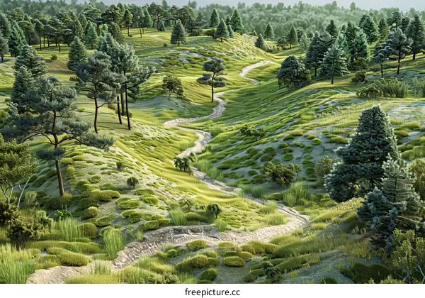 Serene Creek Meandering Through a Verdant Valley