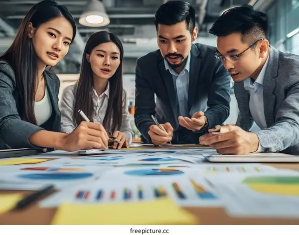 Asian Business Team Discussing Charts and Graphs